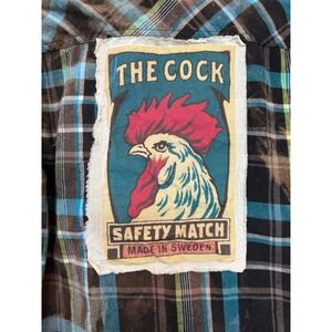 Upcycled Flannel Shirt Sassy Rooster Patch Folk Art  Large Vintage Ocean Current